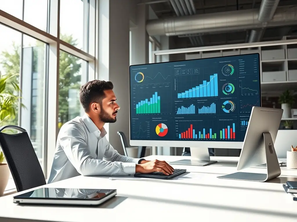 A business owner reviewing marketing analytics on a dashboard, demonstrating the insights gained from AI-powered marketing optimization.