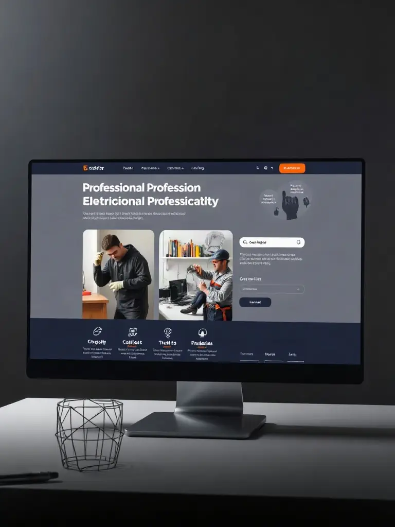 A professional electrician website mockup on a desktop screen, featuring authentic business photos, trust badges, and clear contact information in a dark charcoal theme.