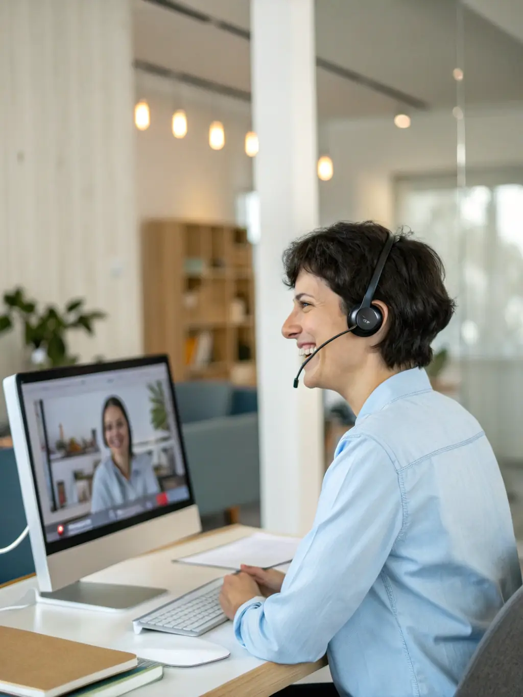 A RevRunner support specialist chats with a smiling electrician on a smartphone, with a dashboard showing active support tickets and a clean interface.