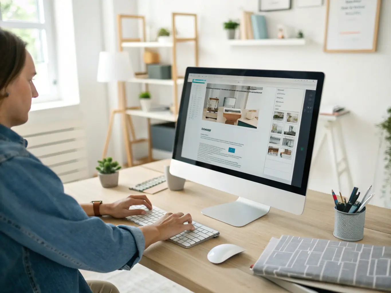A web designer collaborating with a contractor, reviewing a website draft on a large monitor, surrounded by tools and blueprints, in a bright, professional office.