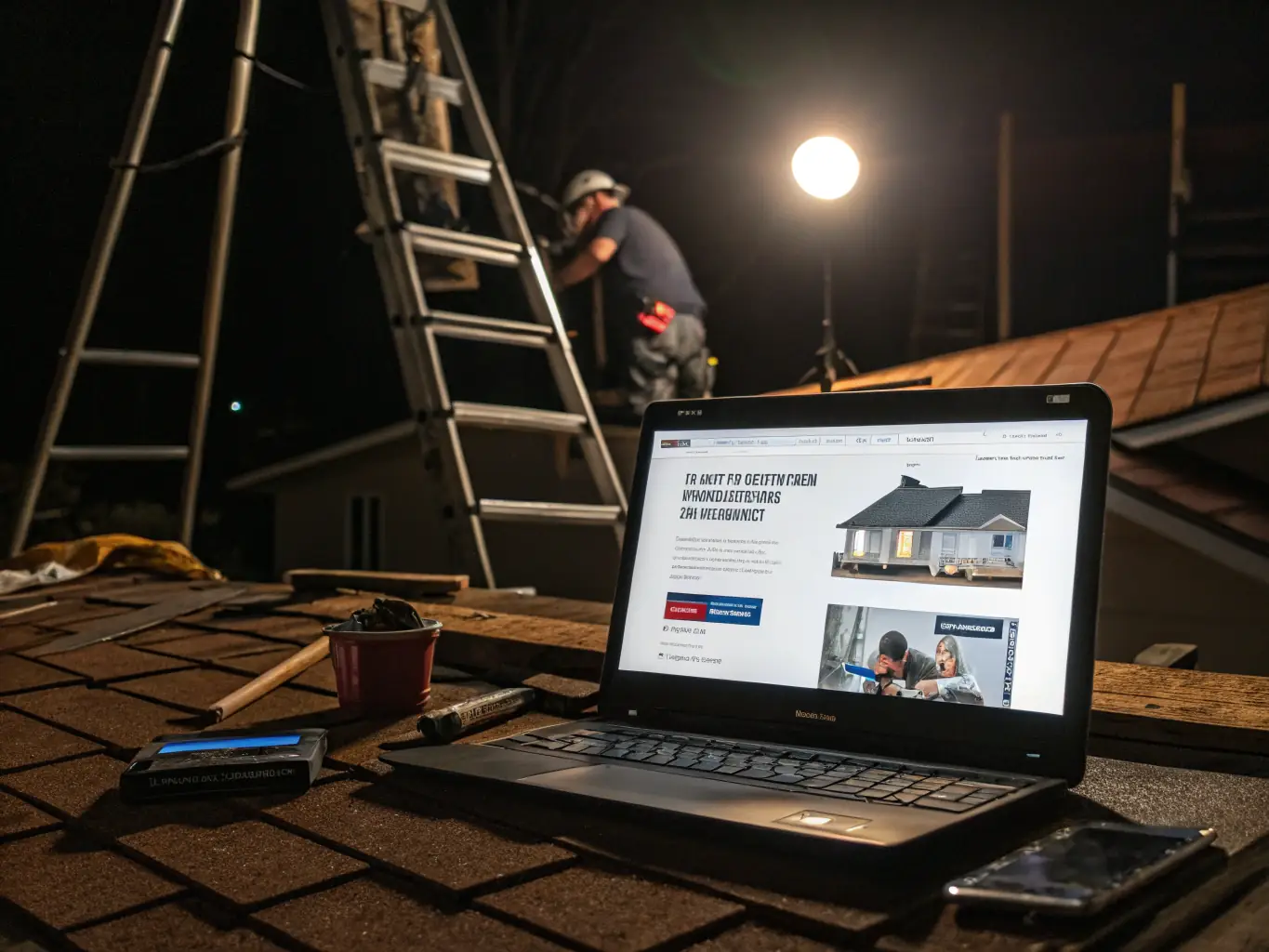 A detailed roofing contractor website mockup shown on a smartphone and desktop, using dark charcoal and electric blue, with authentic trade photos and bold, easy-to-read headings.
