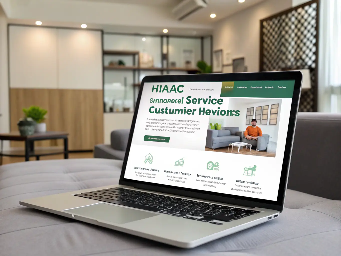 A realistic HVAC company website mockup displayed on a tablet and desktop, with violet highlights, professional imagery, and generous whitespace, reflecting RevRunner’s premium tech-brand style.