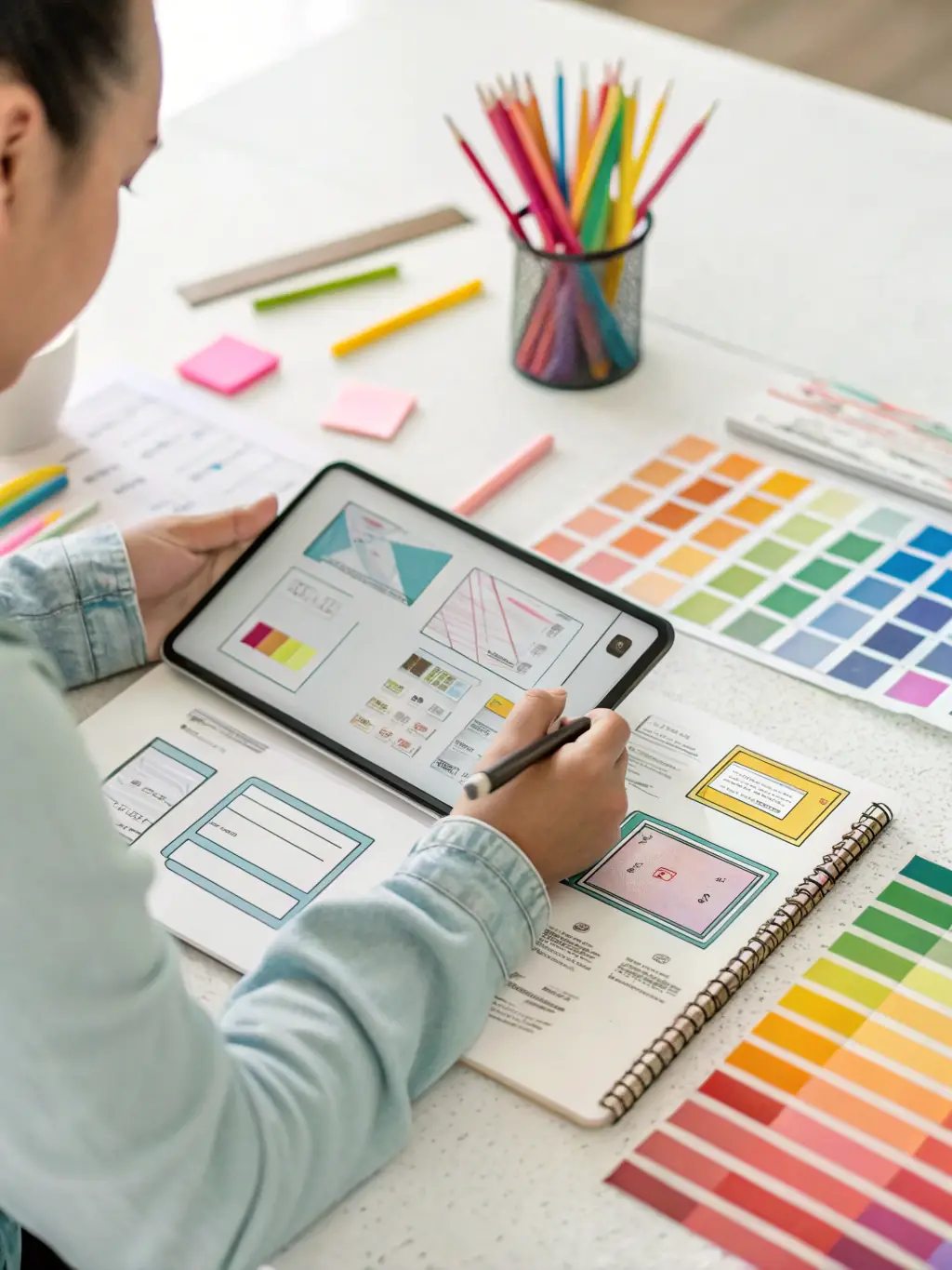 A designer sketches a website layout on a tablet, surrounded by color swatches and trade business branding, with a vibrant violet and charcoal palette.