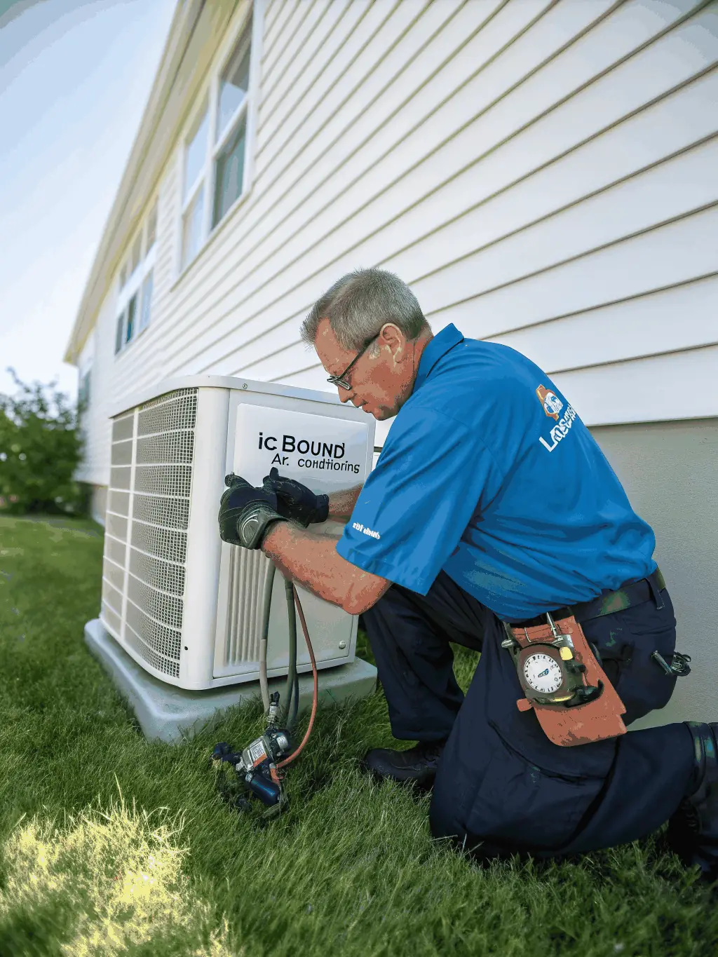 A hardworking HVAC technician in a blue uniform kneeling beside an outdoor air conditioning unit, using tools, with a residential home in the background. The image is meant to represent local HVAC professionals.