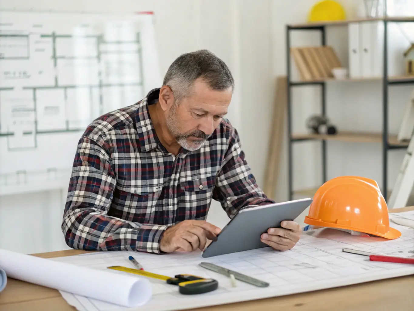 A contractor at a desk using a laptop to fill out a simple online order form, with blue and charcoal accents and a clean, modern workspace background.