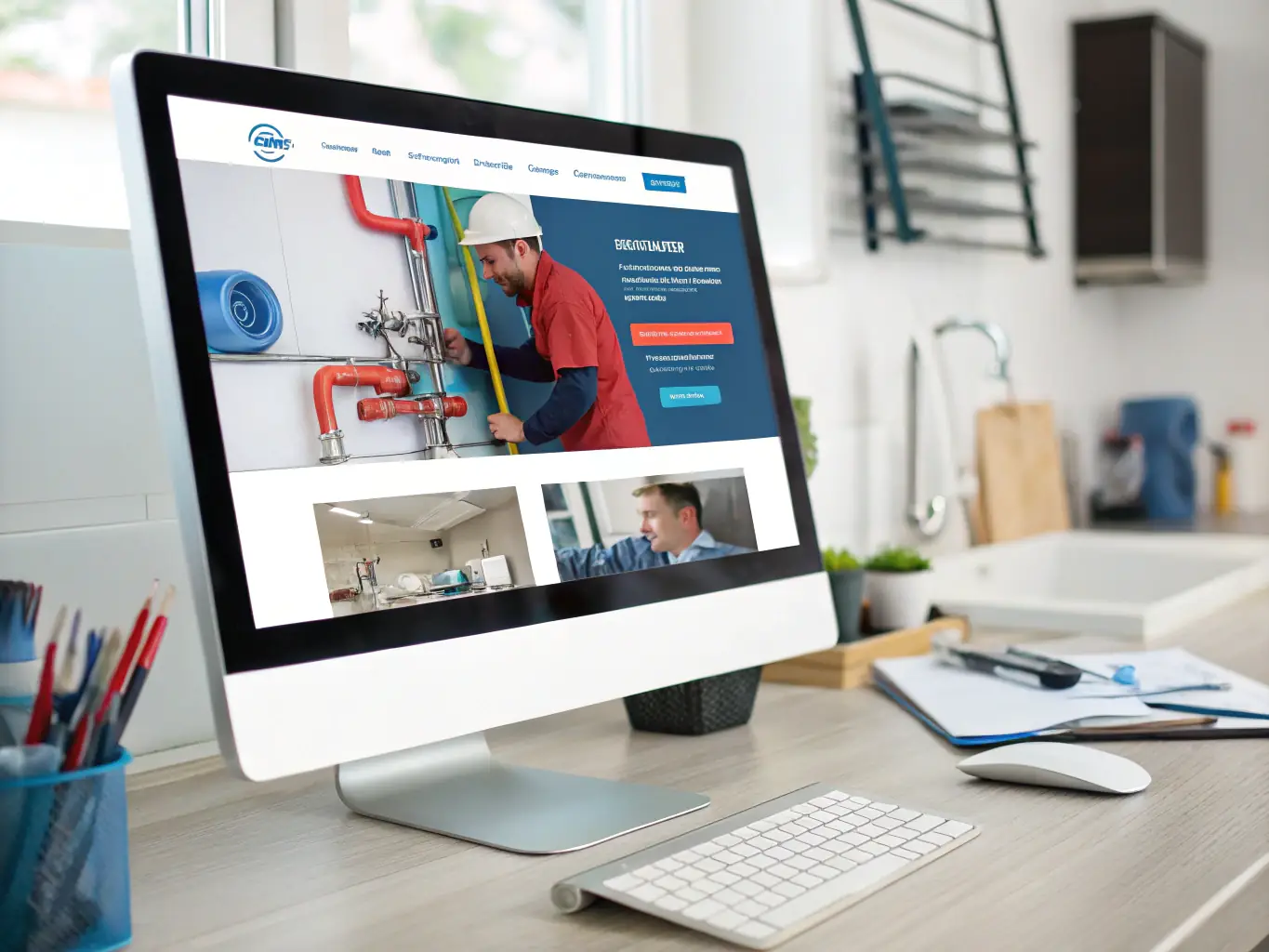 A high-resolution mockup of a modern plumbing business website, featuring electric blue accents, bold serif headings, and a clean layout on a smartphone and laptop, set against a white and charcoal background.