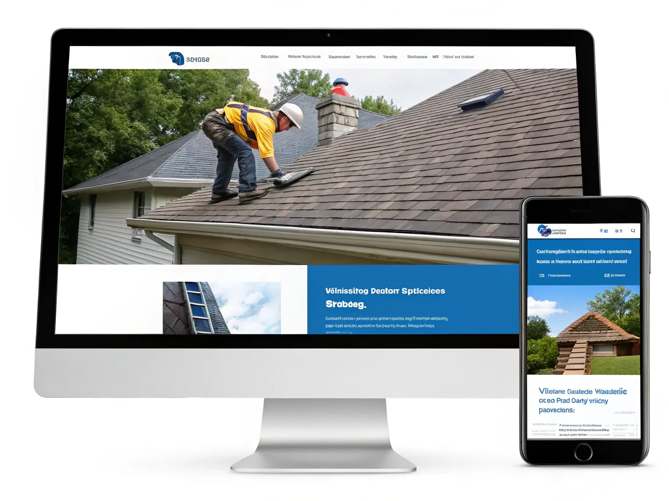 A modern desktop and mobile screen mockup showing a contractor website with sky-blue accents, bold headings, and a prominent contact button, set against a clean off-white background.