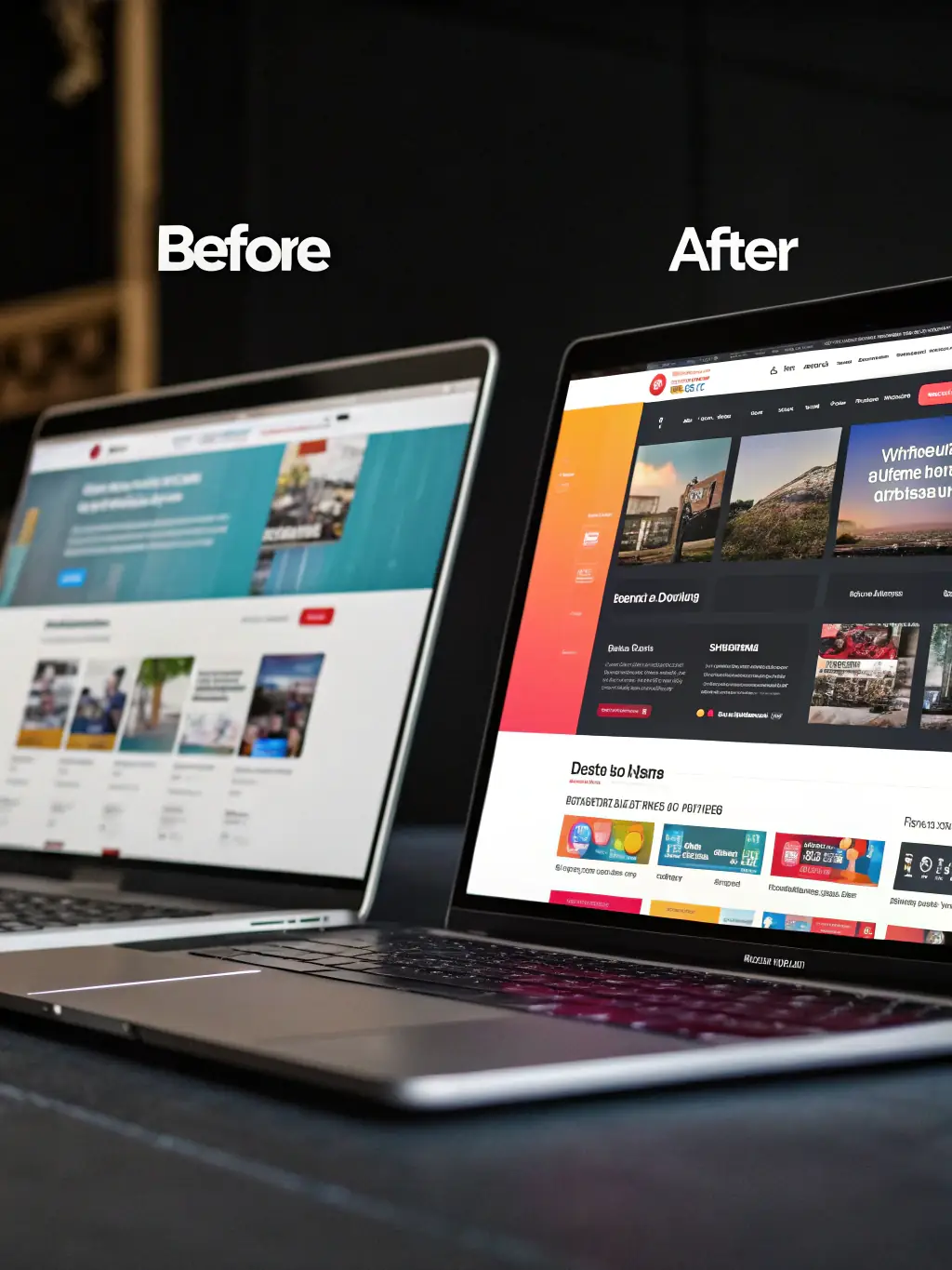 A composite image showing a before-and-after transformation: an outdated website on the left, and a sleek, modern RevRunner site on the right, with bold electric blue highlights.