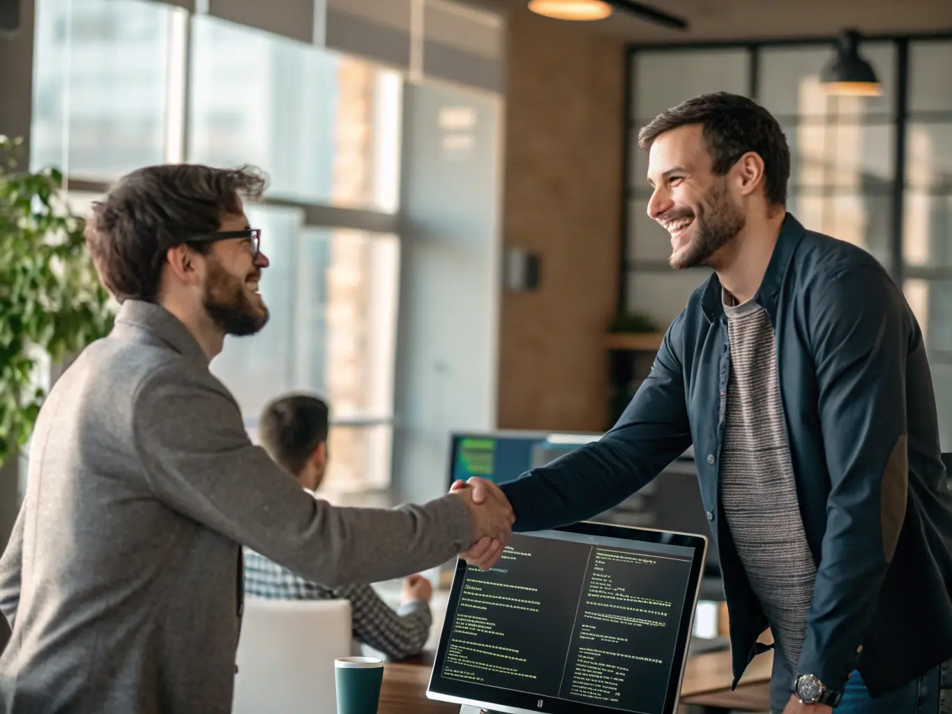 A contractor smiling and shaking hands with a customer in front of a laptop displaying a newly launched website, with celebratory confetti and a clear 'Site Live' notification.